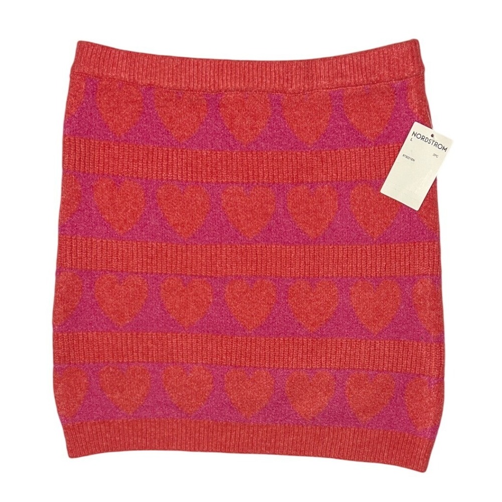 Nordstrom Freshman 1996 Girls Heart Knit Skirt Pink Red Size L 12/14 Stretch NWT